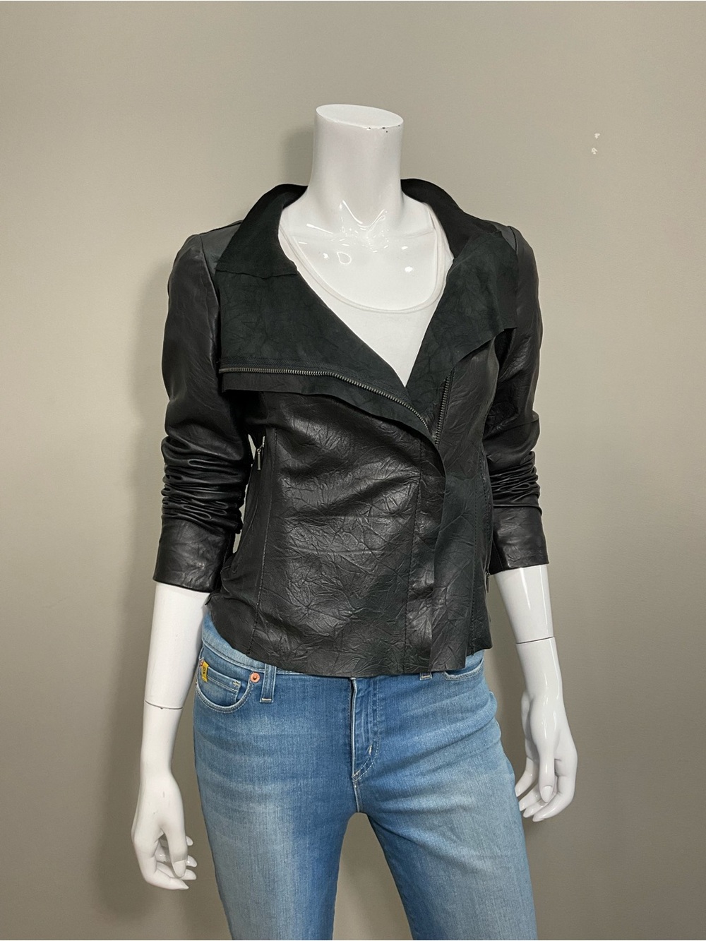 CIGNO NERO Lene 100% Genuine Leather Asymmetrical Moto Biker Jacket Black 36